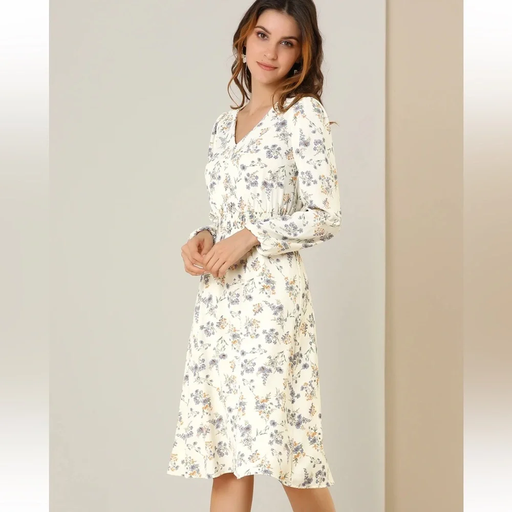 Floral Print V-Neck Long Sleeve Smocked Waist Midi Dress - Picture 3 of 9